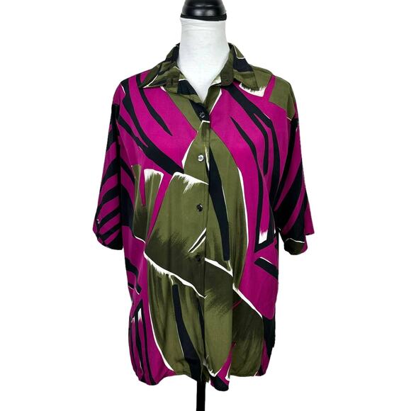 Rafaella Vintage Olive Green & Fuchsia Palm Print Short Sleeve Button Up Blouse - Picture 1 of 9